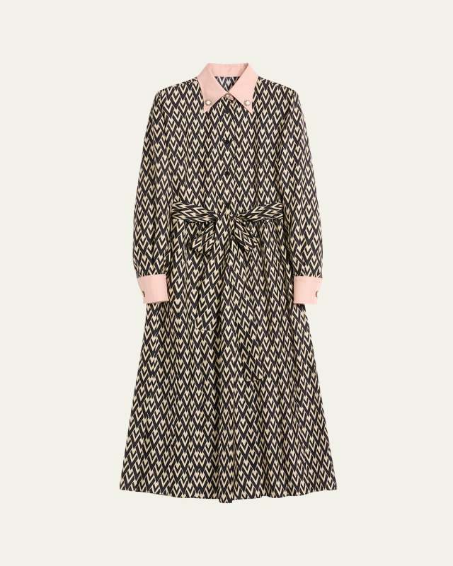 V Print Belted Twill Midi Dress